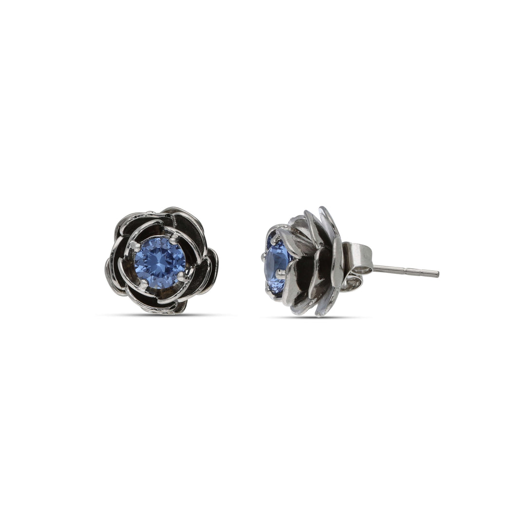 Stud rosette earrings studded with a blue crystal stone