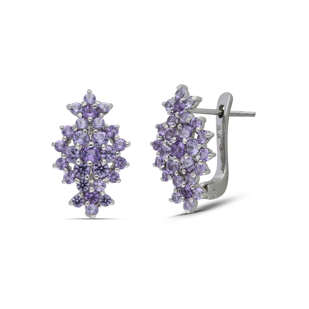 Floral rhombus earrings studded with purple crystal stones
