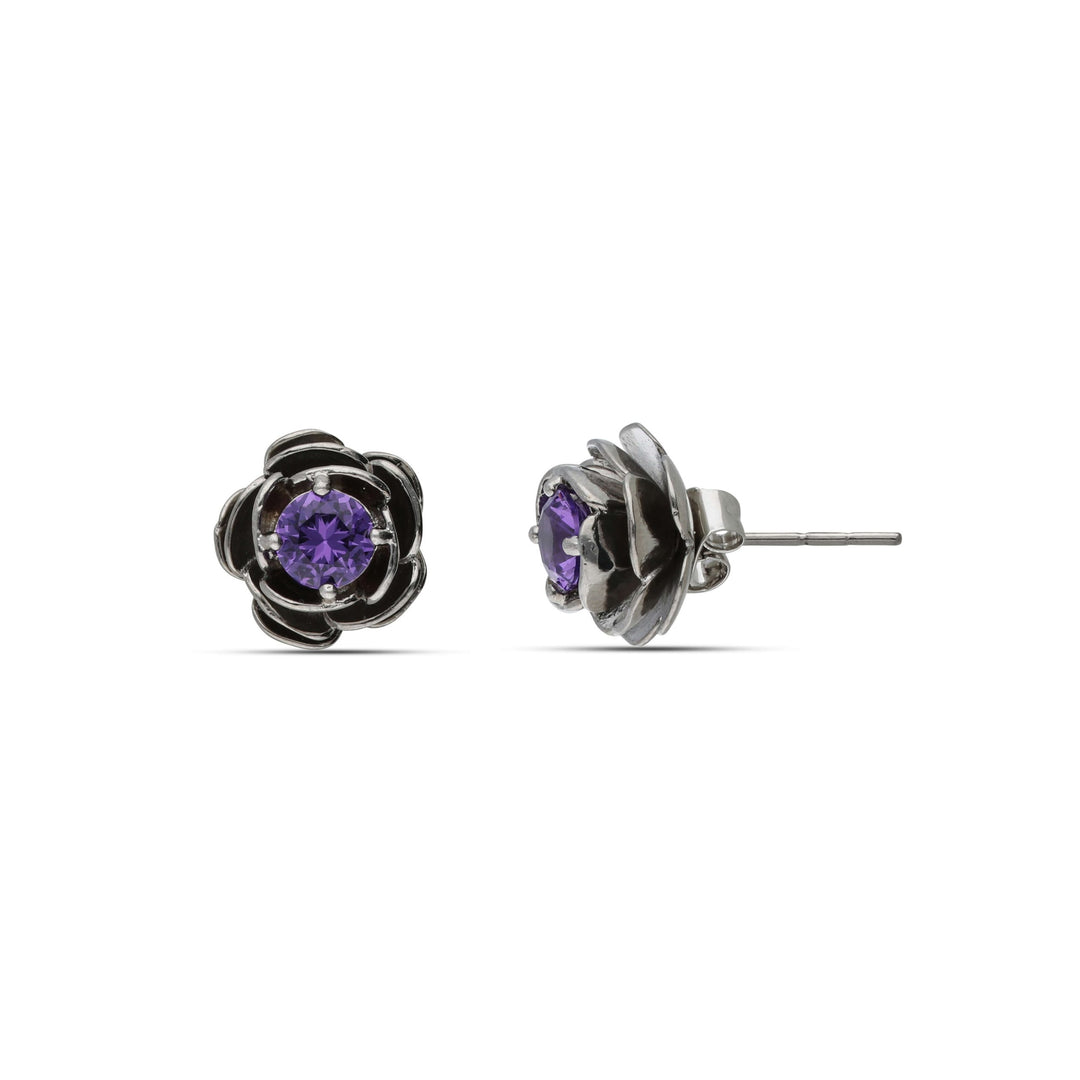 Stud rosette earrings studded with purple crystal stones