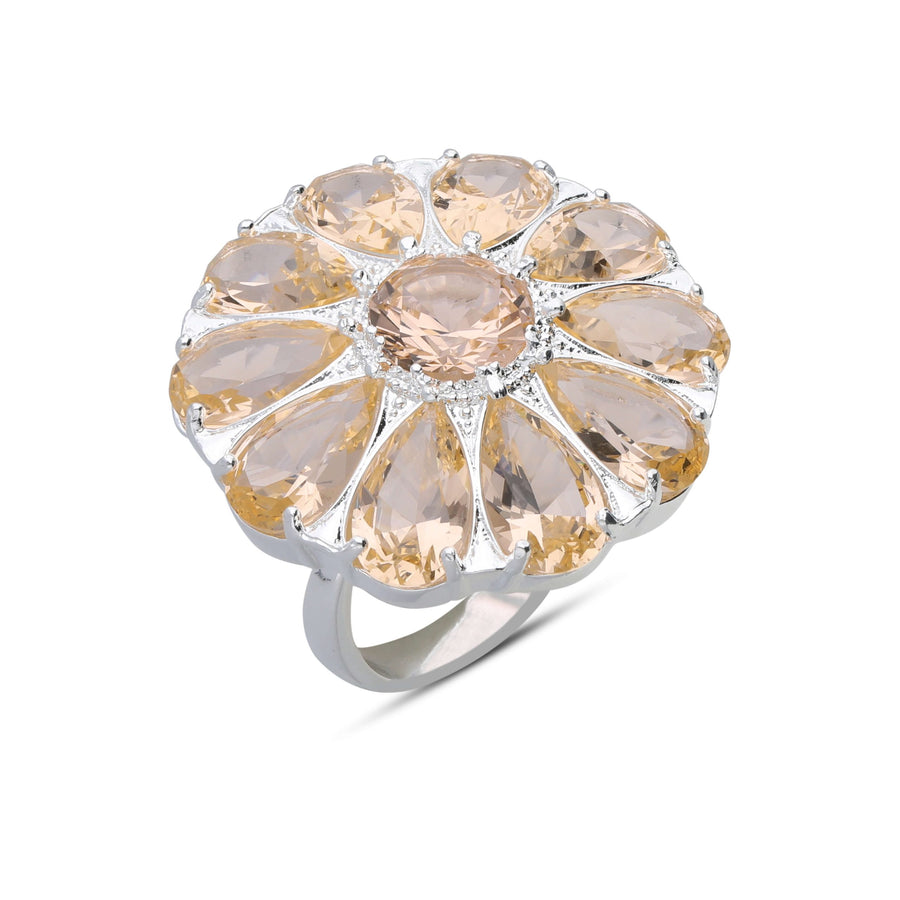Drop flower ring studded with champagne colored crystal stones