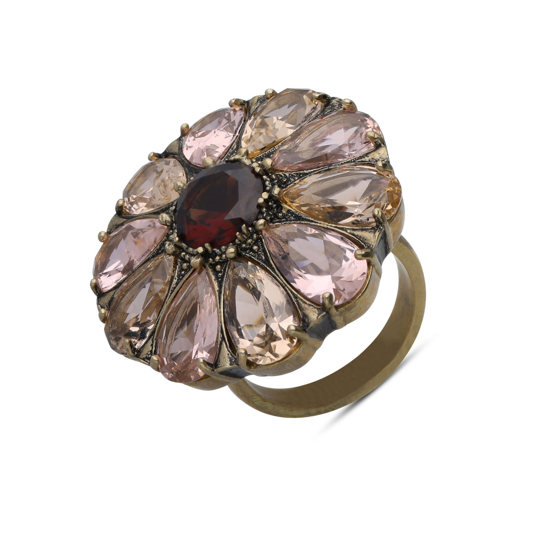 Drop flower ring inlaid with cream garnet colored crystals