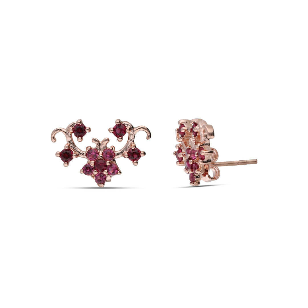 Flower series earrings studded with ruby ​​colored crystal stones