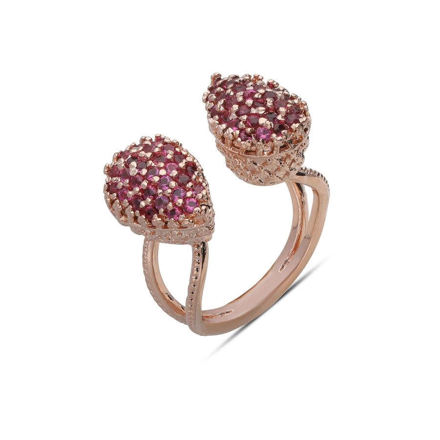 Double ring studded with ruby colored crystal stones