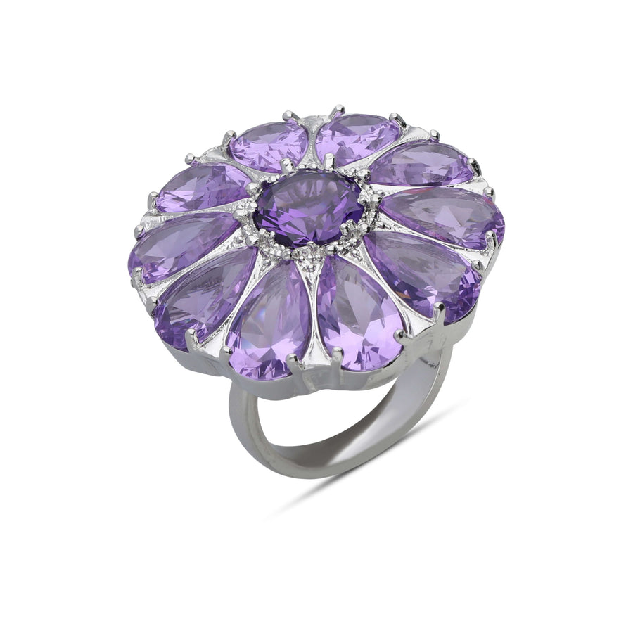 Drop flower ring inlaid with purple crystal stones
