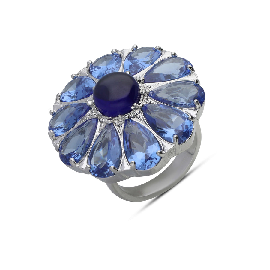 Drop flower ring inlaid with blue crystal stones