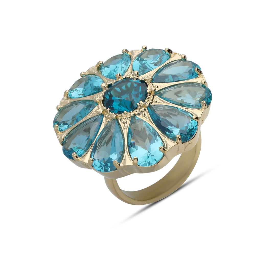 Drop flower ring studded with champagne colored crystal stones