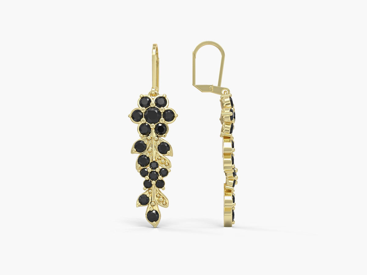 Long flowering branch dangling earrings studded with zirconia gems