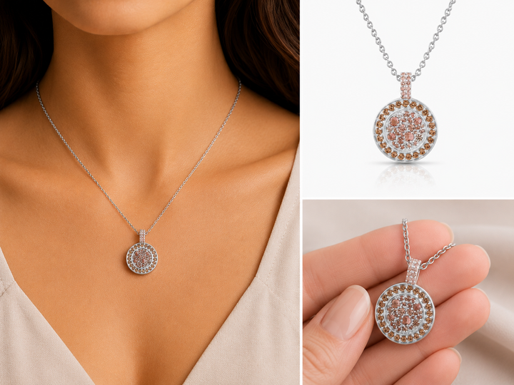 Colorful sequence necklace studded with champagne colored crystal stones