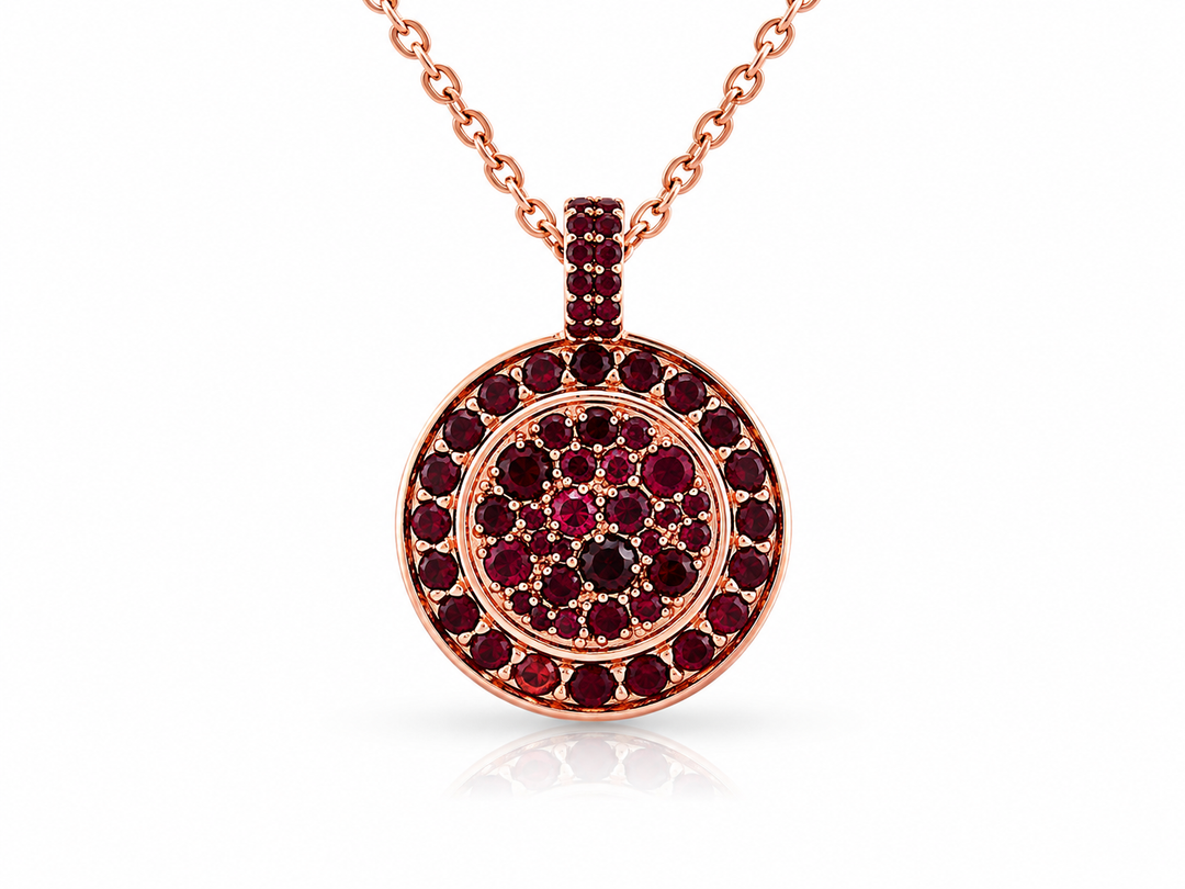 Colorful sequence necklace studded with ruby colored crystal stones