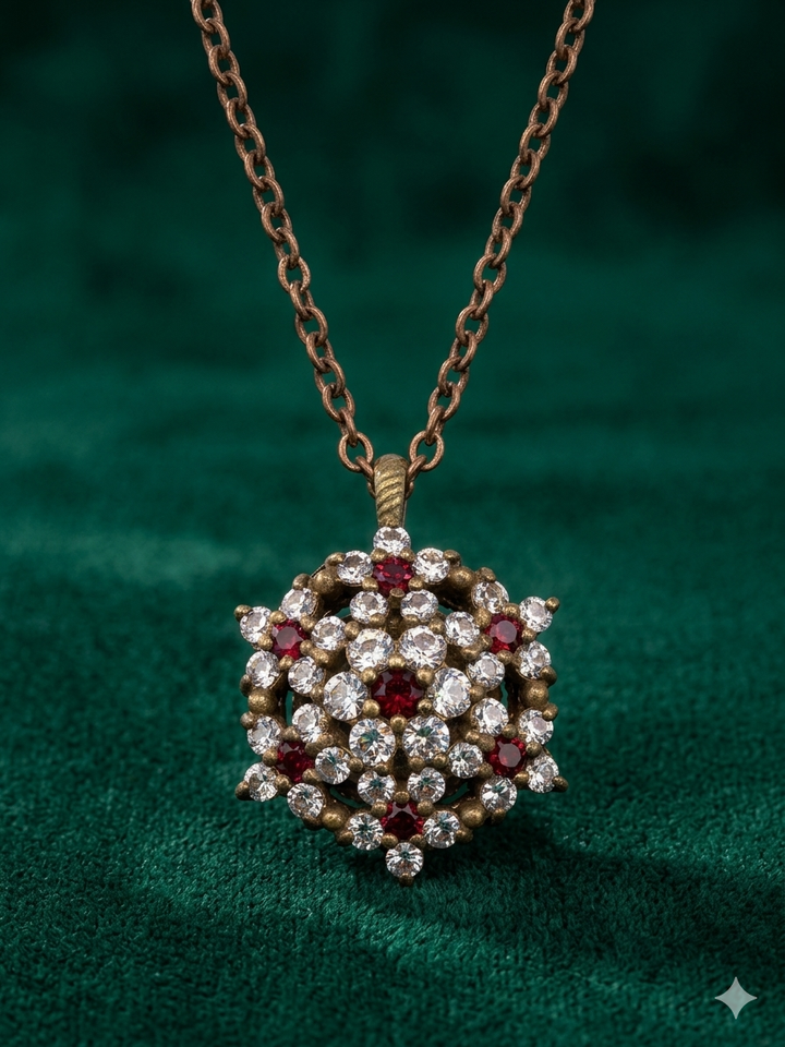 Angel necklace studded with cream garnet colored crystals