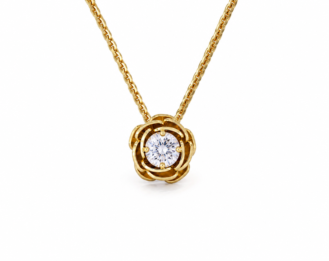 Rose gold plated yellow gold necklace studded with white  zircon