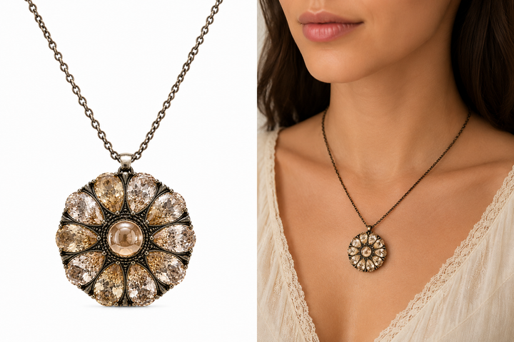 Drop flower necklace studded with champagne colored crystal stones