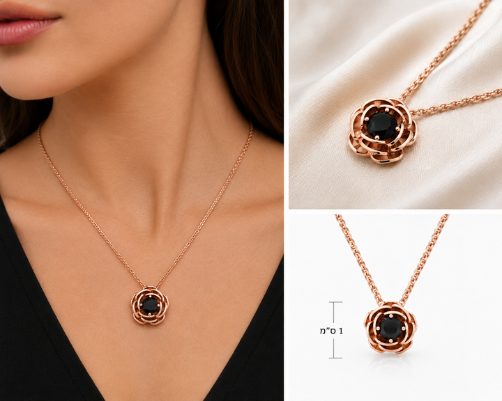 Rose gold plated rose gold necklace studded with black zircon