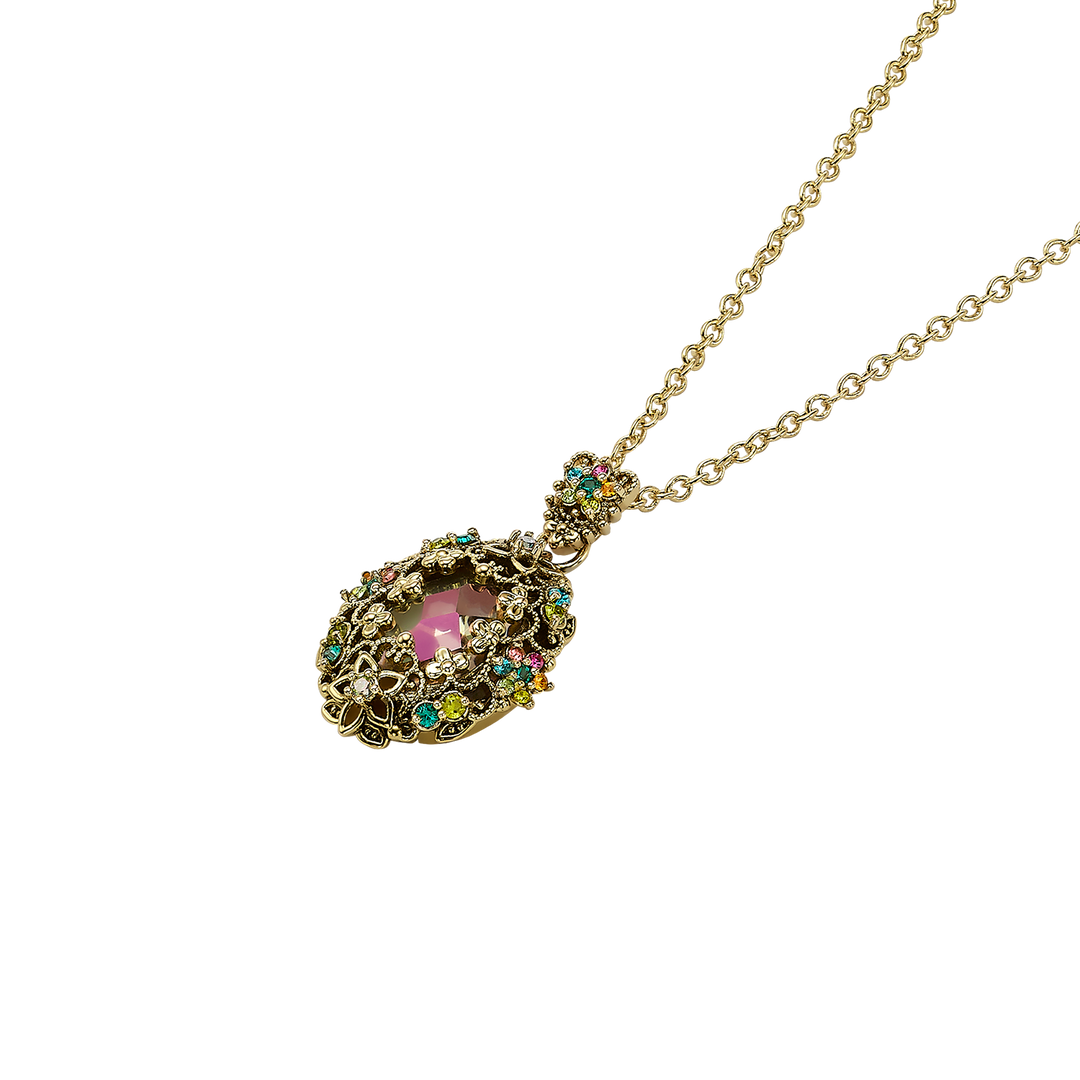 שרשרת מוזהבת בציפוי 18K עם תיליון אובלי עם זרקונים צבעוניים M Heritage