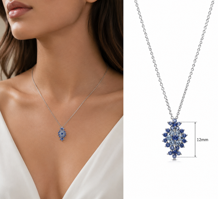 A floral rhombus necklace studded with blue crystal stones