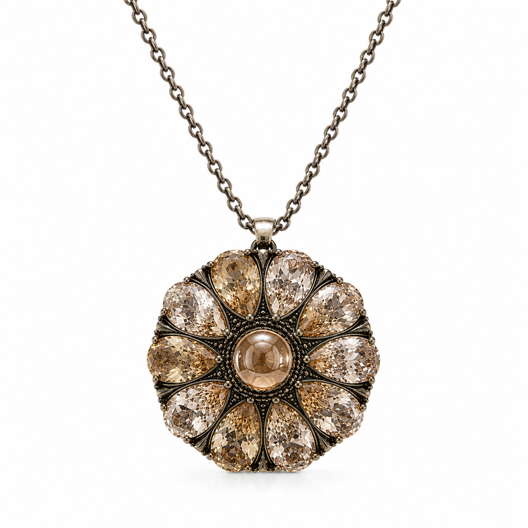 Drop flower necklace studded with champagne colored crystal stones