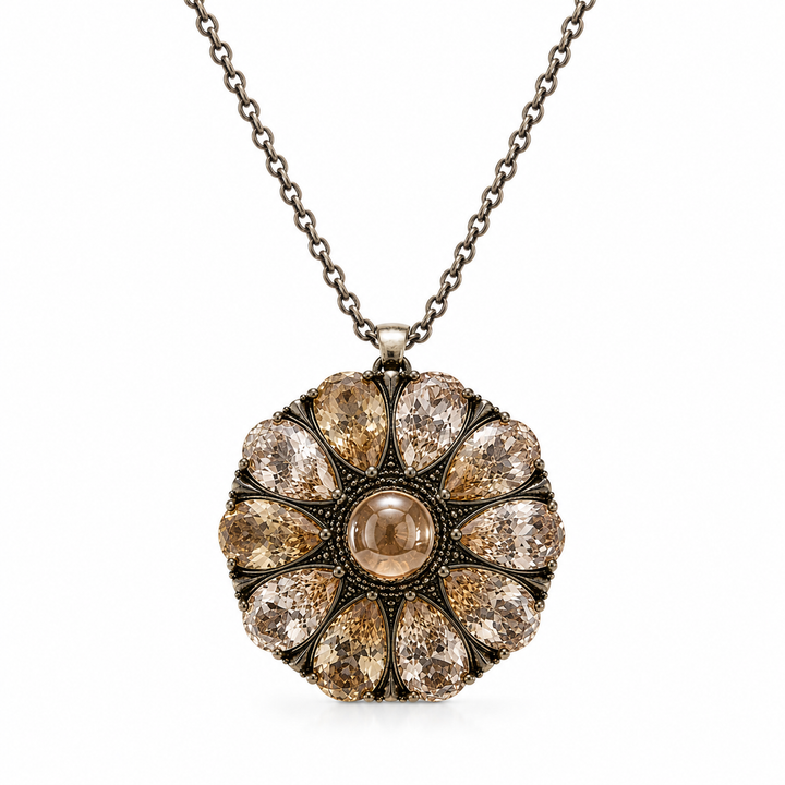 Drop flower necklace studded with champagne colored crystal stones