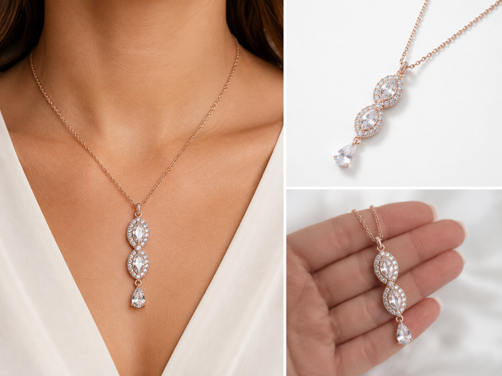 An eye necklace studded with zircons in the shape of a marquise