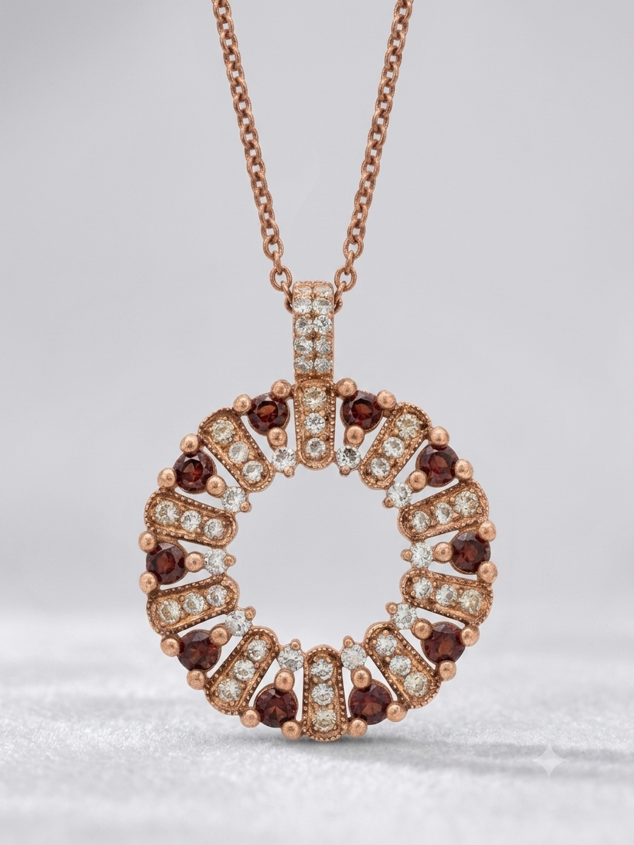 The circle of life necklace is studded with cream garnet colored crystals