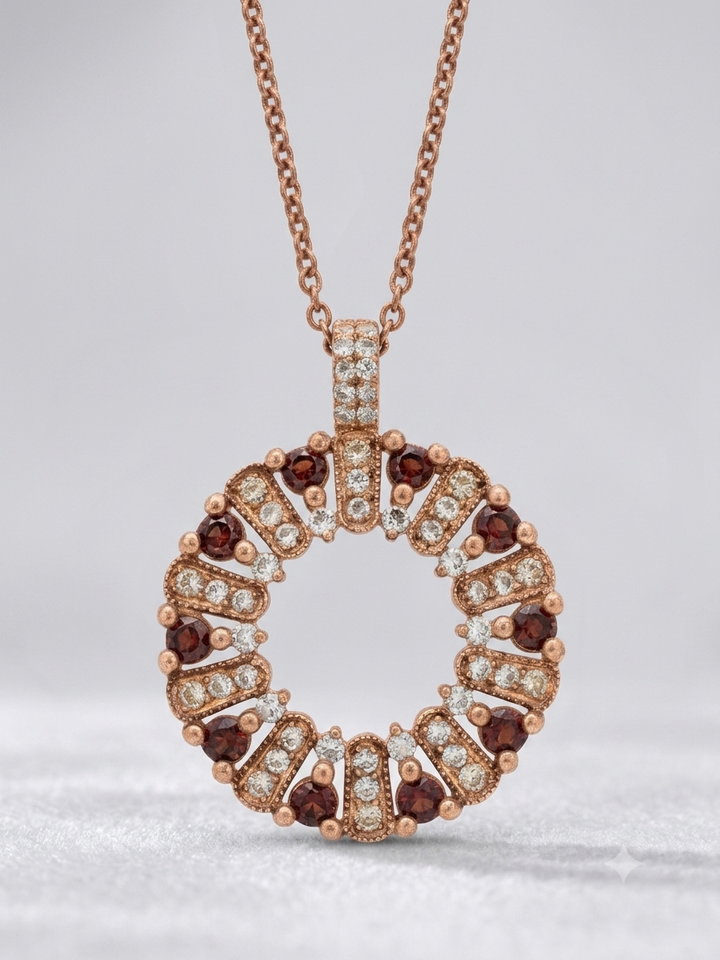 The circle of life necklace is studded with cream garnet colored crystals