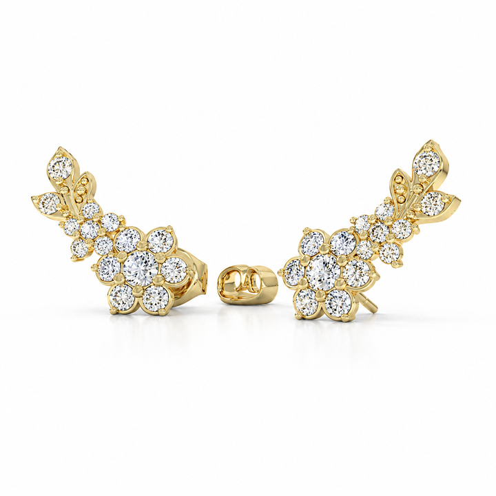 Close-up earrings with the sounds of flowers studded with zircons