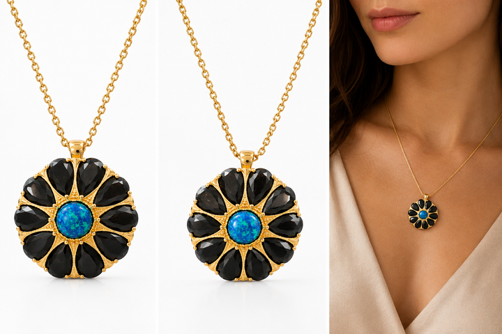 Drop flower necklace studded with zircons and opal