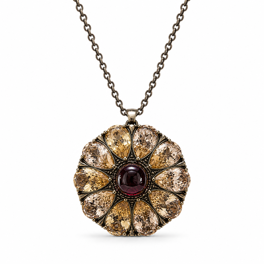 Drop flower necklace inlaid with cream garnet colored crystals