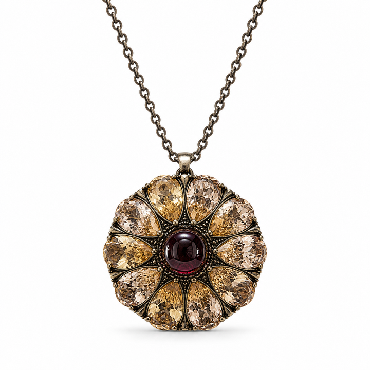 Drop flower necklace inlaid with cream garnet colored crystals