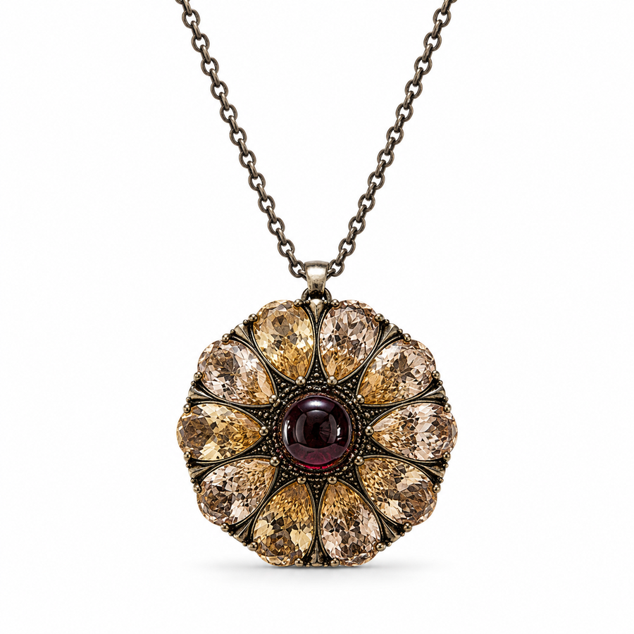 Drop flower necklace inlaid with cream garnet colored crystals