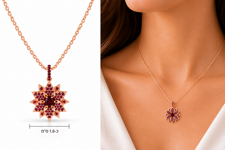 Amaryllis necklace studded with ruby colored crystal stones