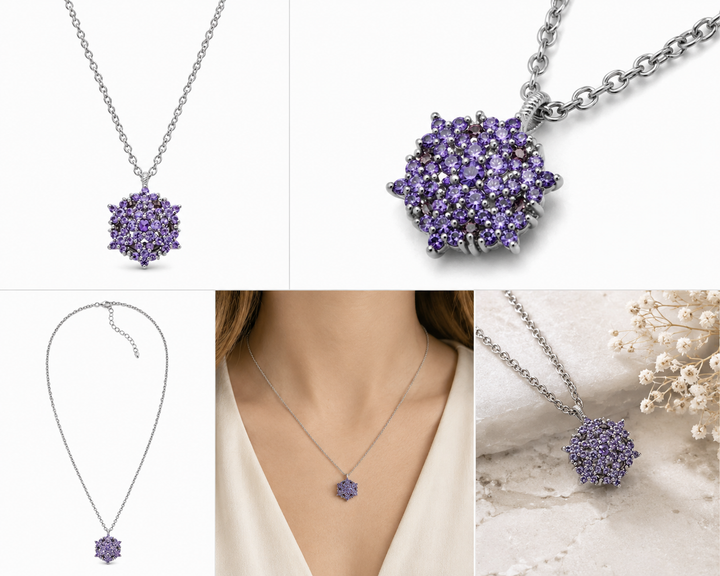 Angel necklace studded with purple crystal stones