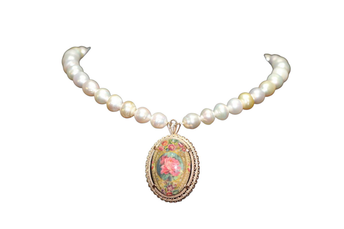 Pearl necklace with rose gold pendant inlaid with decal (the pendant is also a brooch)