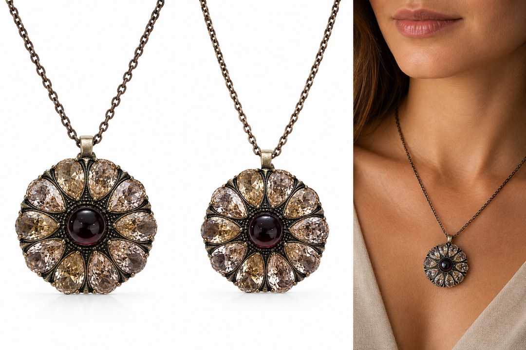Drop flower necklace inlaid with cream garnet colored crystals
