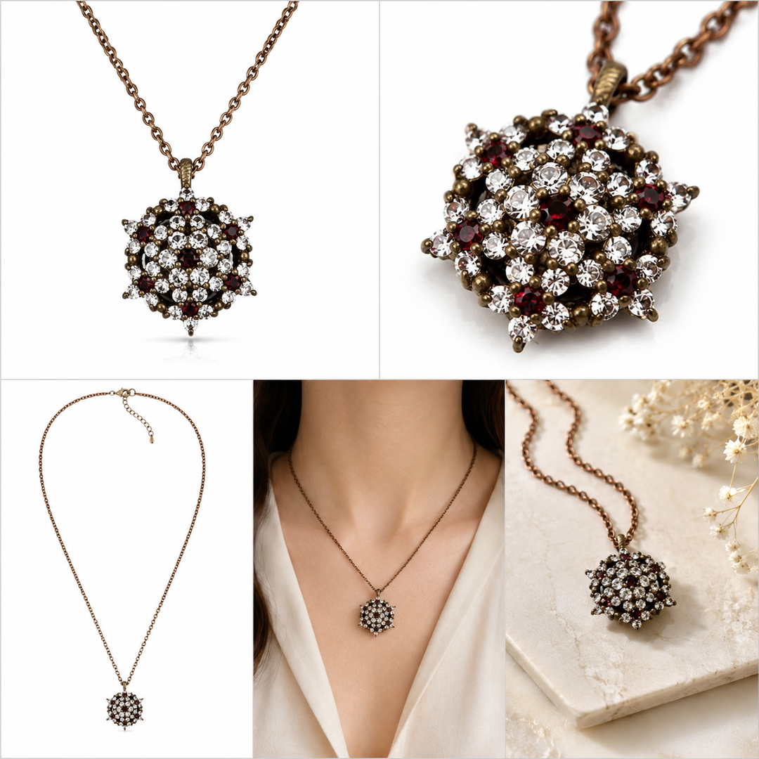 Angel necklace studded with cream garnet colored crystals