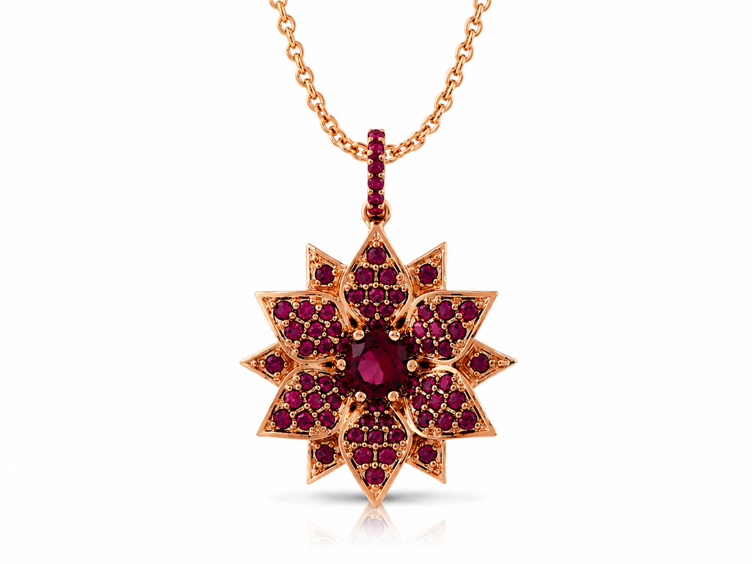 Amaryllis necklace studded with ruby colored crystal stones