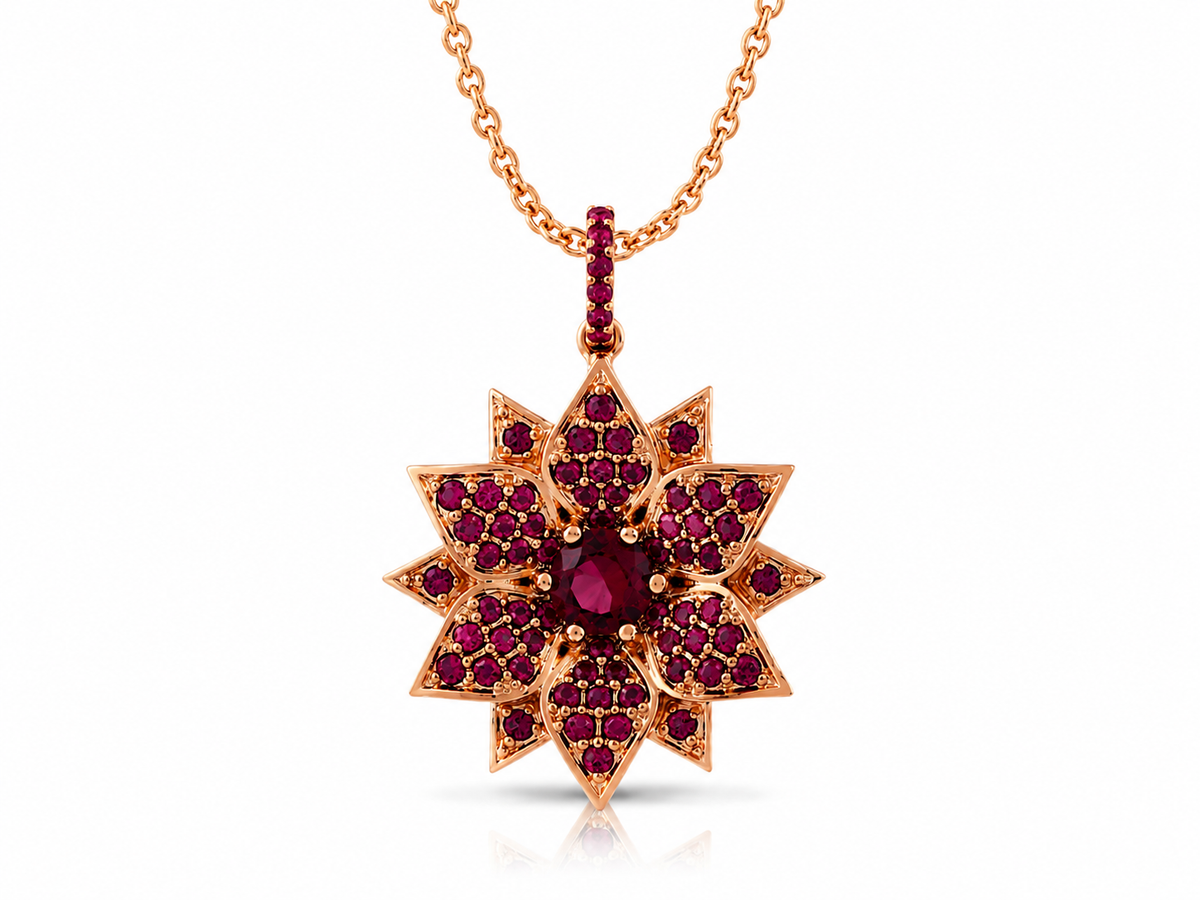 Amaryllis necklace studded with ruby colored crystal stones