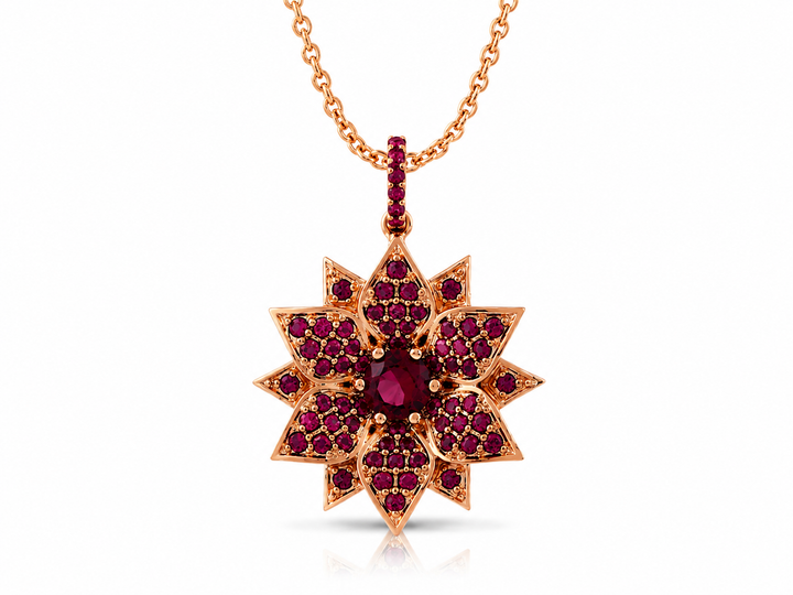 Amaryllis necklace studded with ruby colored crystal stones