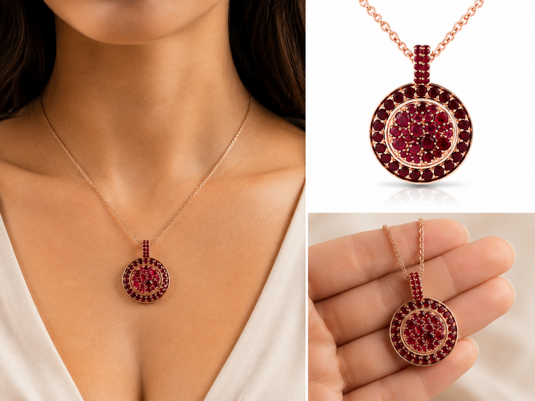 Colorful sequence necklace studded with ruby colored crystal stones