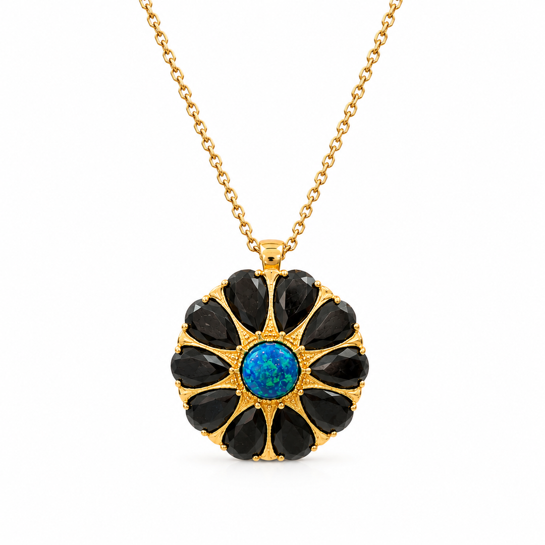 Drop flower necklace studded with zircons and opal