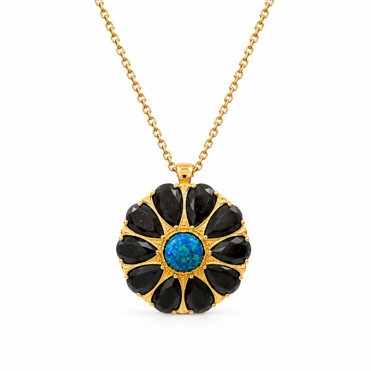 Drop flower necklace studded with zircons and opal