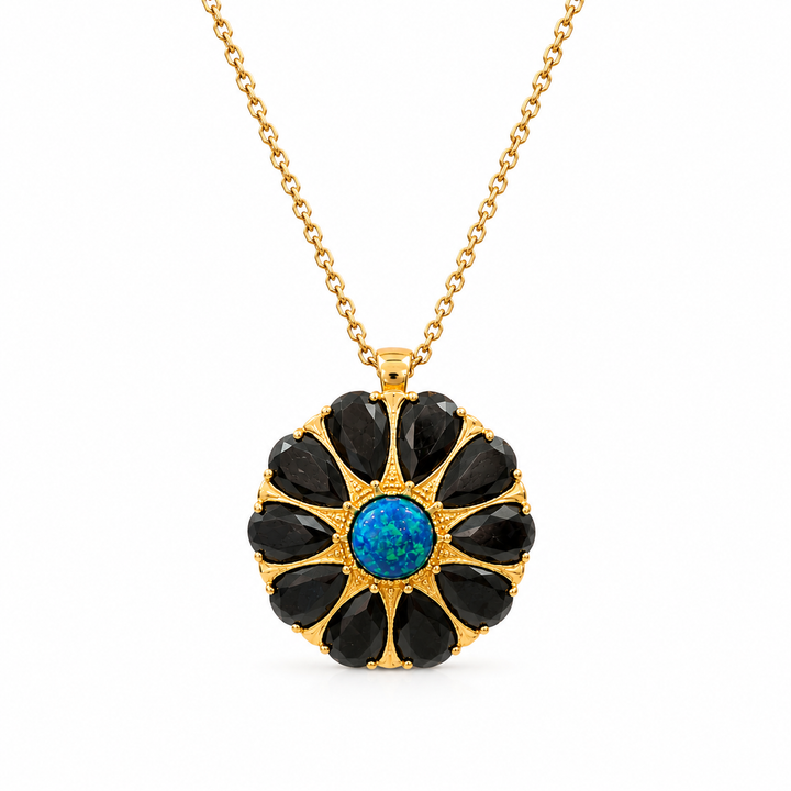 Drop flower necklace studded with zircons and opal