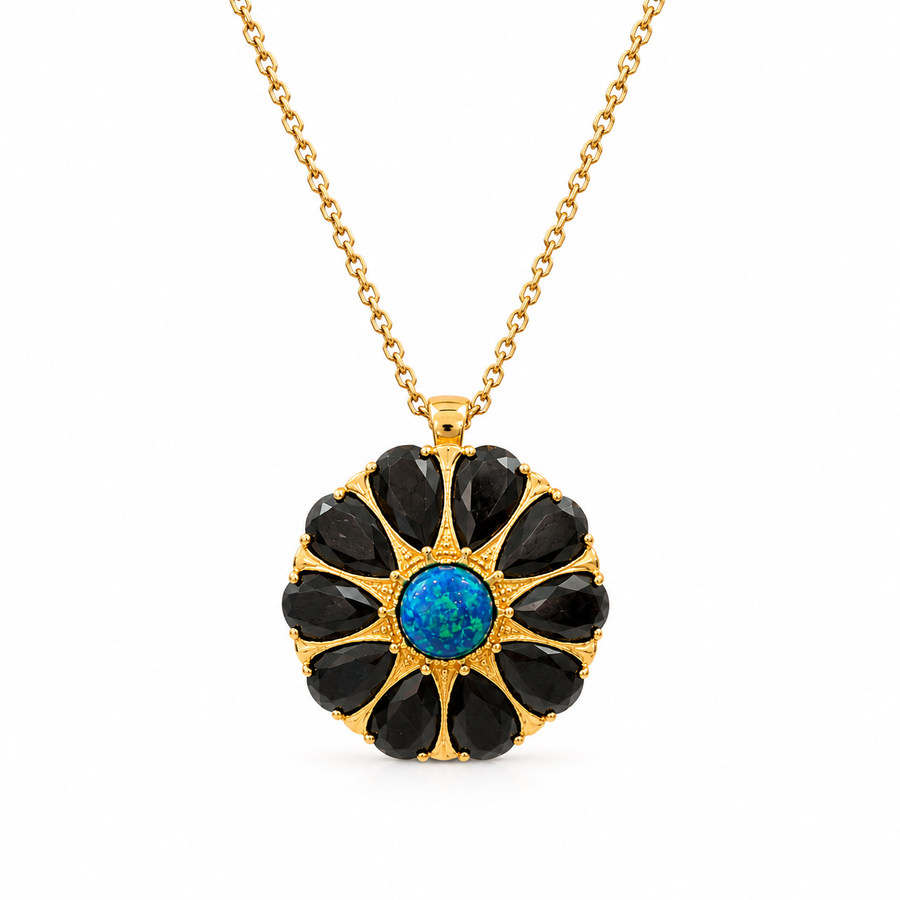 Drop flower necklace studded with zircons and opal