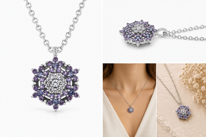 Angel necklace studded with blue crystal stones