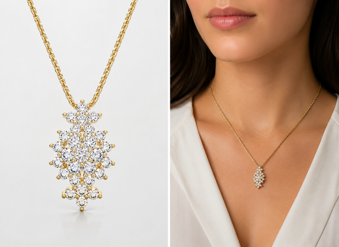 A flowery rhombus necklace studded with zircons