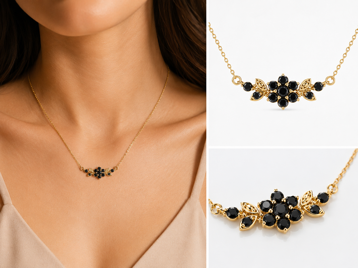 A short flowering branch necklace studded with zircons