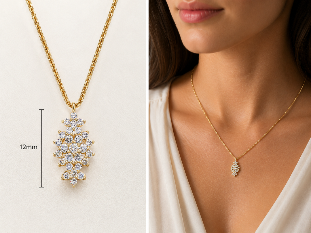 A flowery rhombus necklace studded with zircons