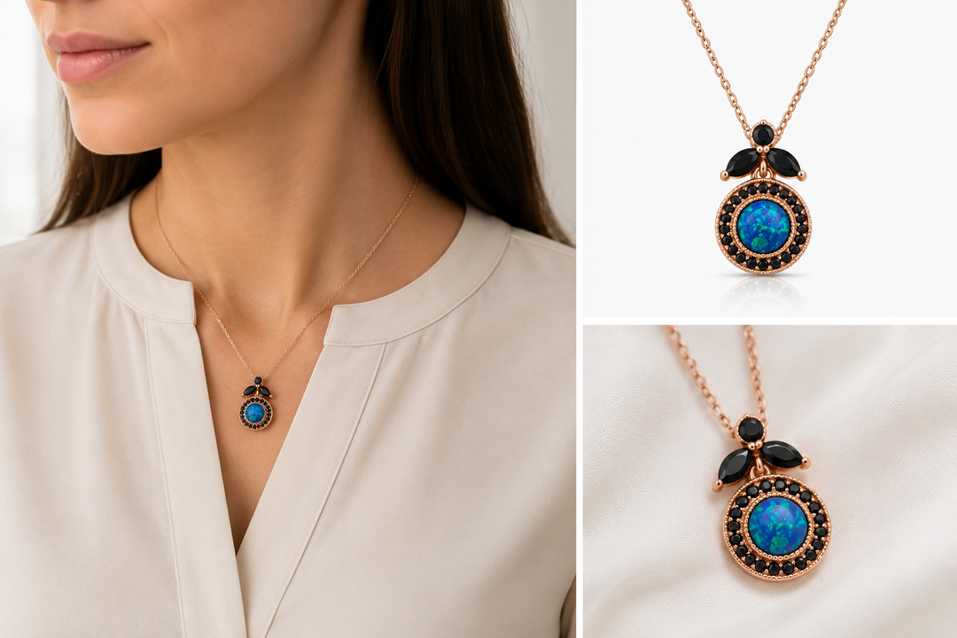 Nostalgia necklace studded with zircons and opal