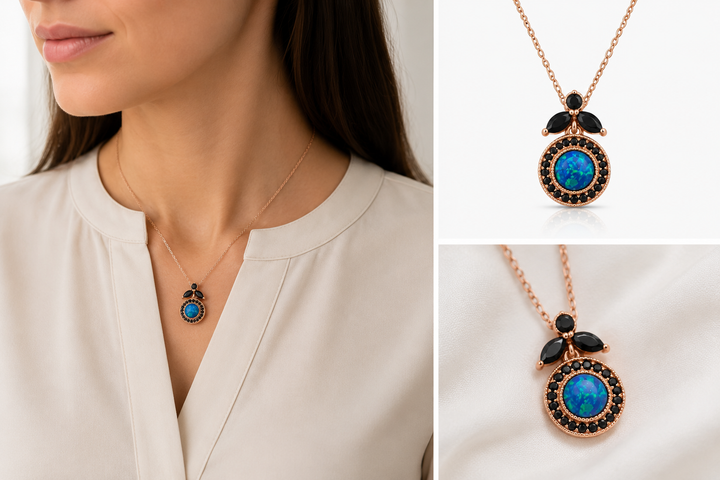 Nostalgia necklace studded with zircons and opal