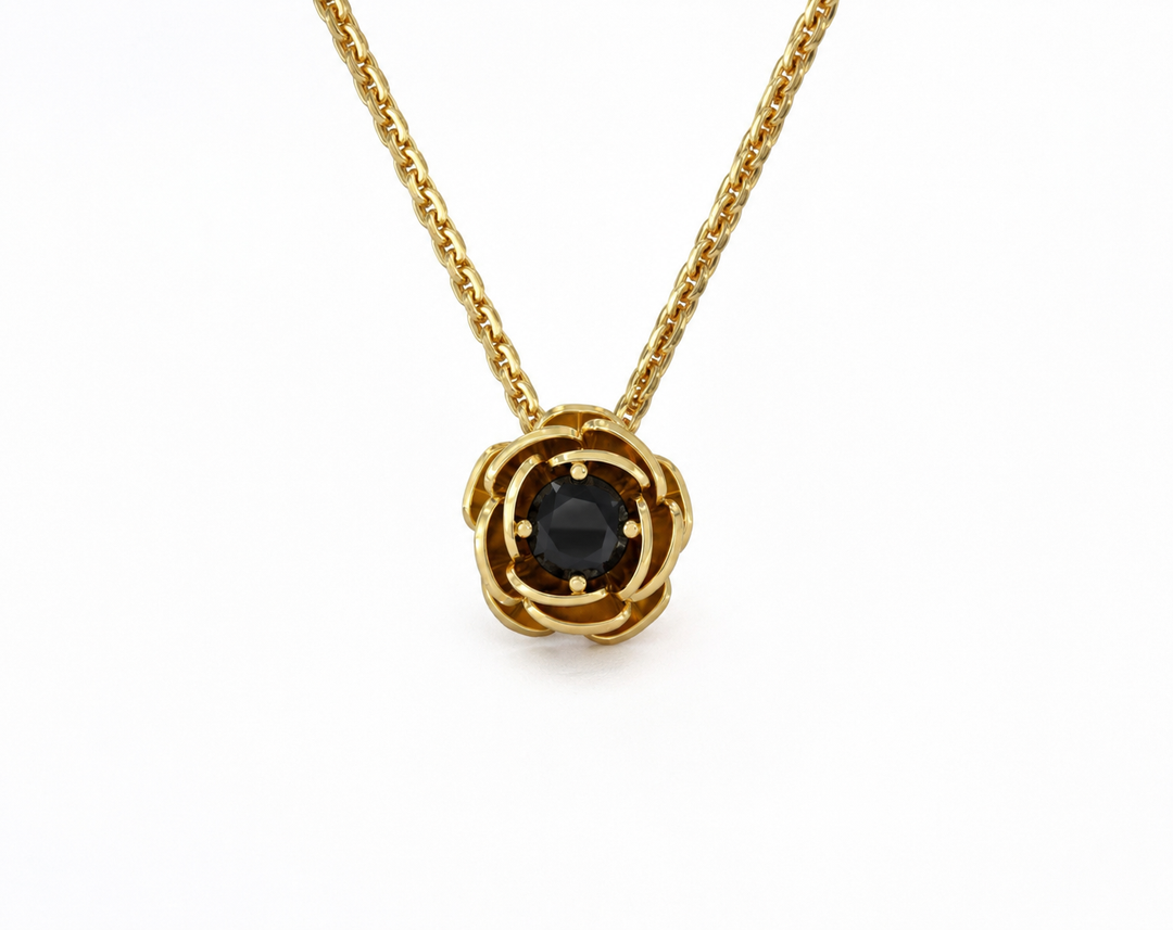 Rose gold plated yellow gold necklace studded with black zircon