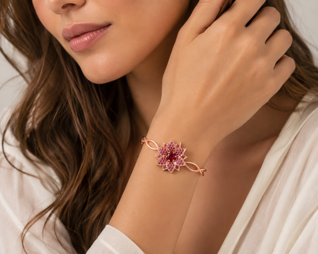 Bengal amaryllis bracelet studded with ruby colored crystal stones